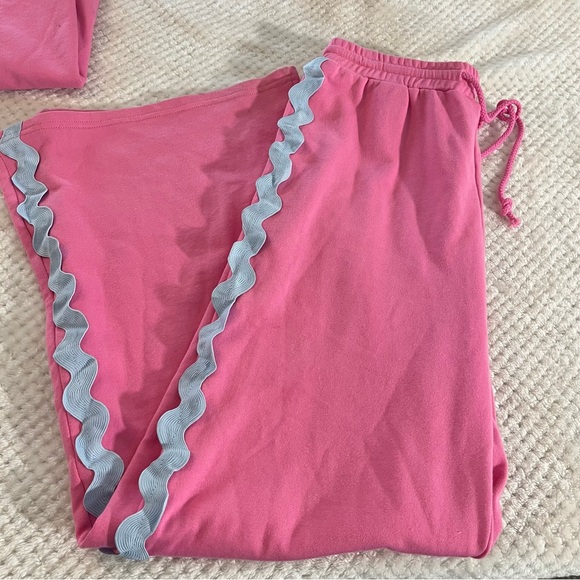 Womens Main Strip Set Shirt and Pants Ric Rac Trim  Pink and Blue Cozy Medium - Picture 8 of 10